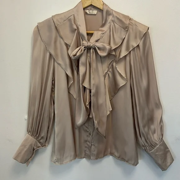 VINTAGE BERIN satin blouse top button front ruffle layers neck ties taupe large - Picture 2 of 13